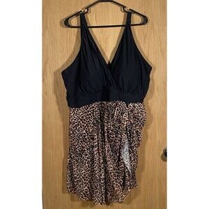 BloomChic Women's Sz 26 4X One Piece Black Swimsuit Animal Print Skirt Brand New